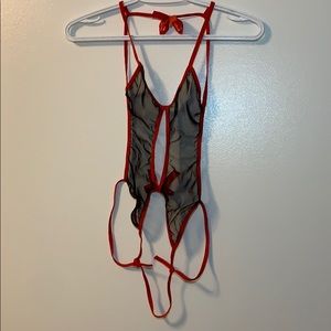 Black and red see-through backless tie up lingerie